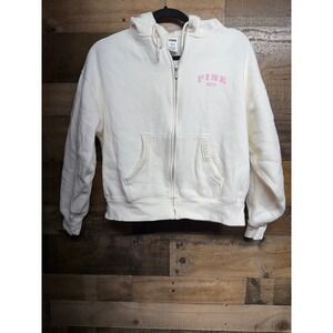 PINK Victoria's Secret Full Zip Hoodie Cream White Pink Logo XS Sweatshirt